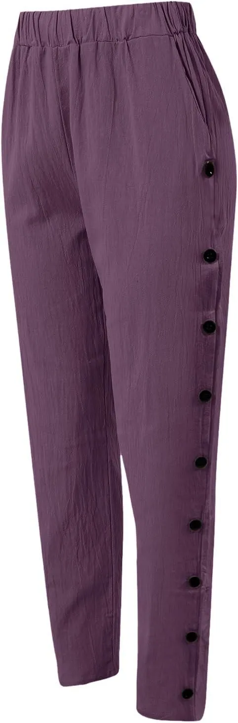 Women Linen Summer Palazzo Pant Flowy Wide Leg Boho Beach Pants High Elastic Waisted Loose Trouser with Pocket