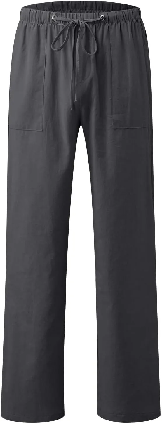 Women Linen Summer Palazzo Pant Flowy Wide Leg Boho Beach Pants High Elastic Waisted Loose Trouser with Pocket