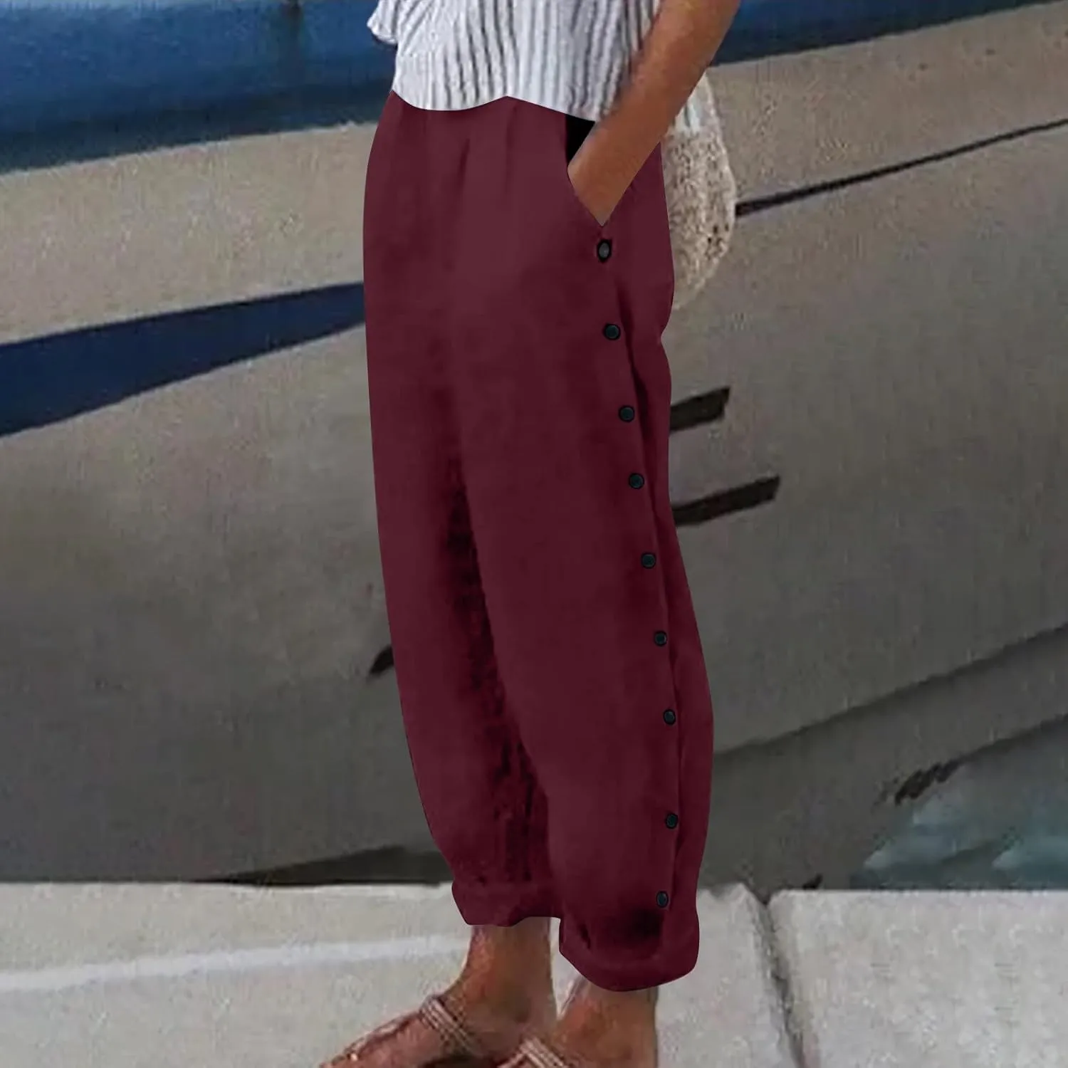 Women Linen Summer Palazzo Pant Flowy Wide Leg Boho Beach Pants High Elastic Waisted Loose Trouser with Pocket