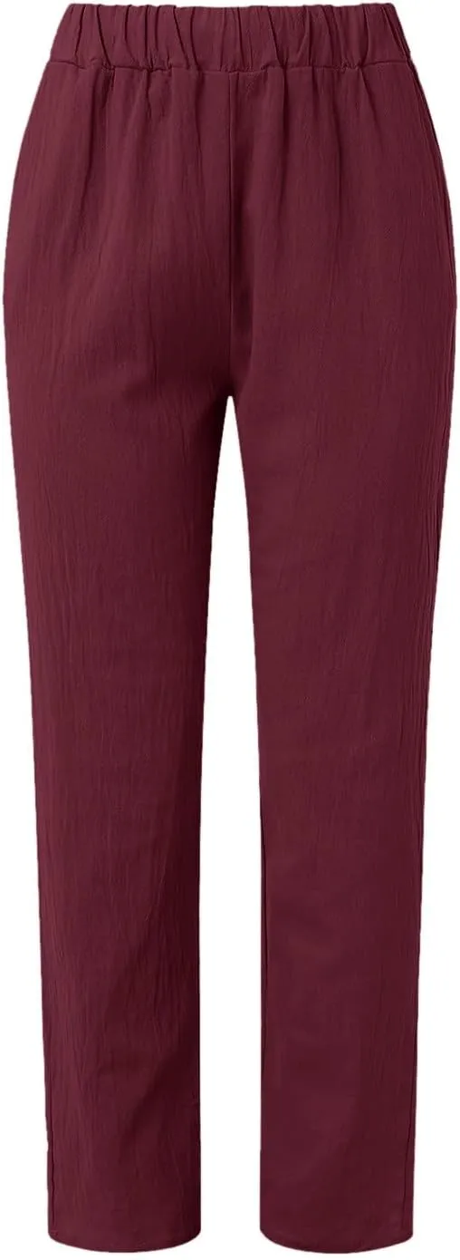 Women Linen Summer Palazzo Pant Flowy Wide Leg Boho Beach Pants High Elastic Waisted Loose Trouser with Pocket