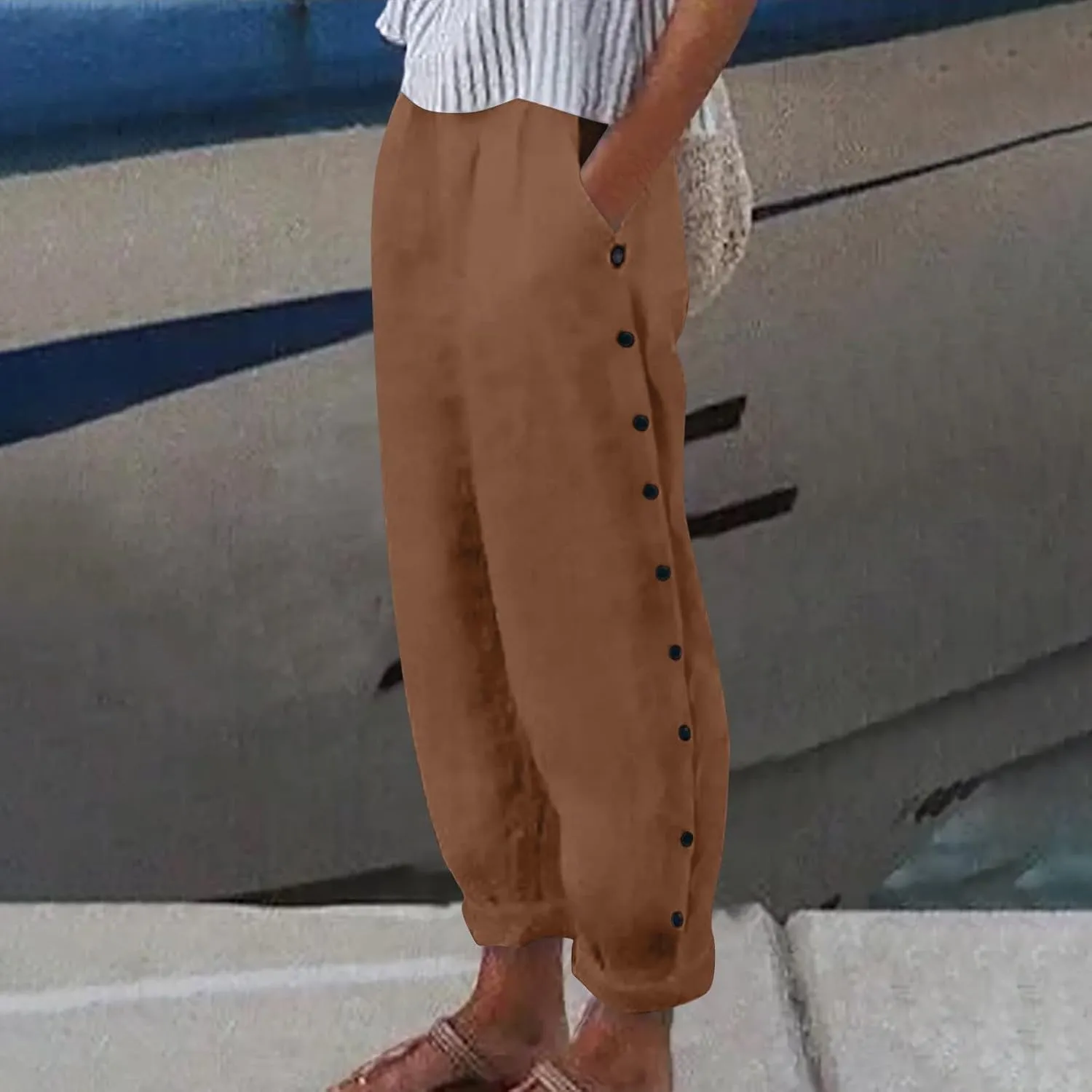 Women Linen Summer Palazzo Pant Flowy Wide Leg Boho Beach Pants High Elastic Waisted Loose Trouser with Pocket