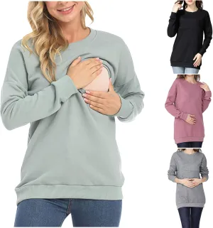 Women Maternity Nursing Shirts Long Sleeve Comfy Breastfeeding Tops Crewneck Zipper Sweatshirt Pregnancy Clothes
