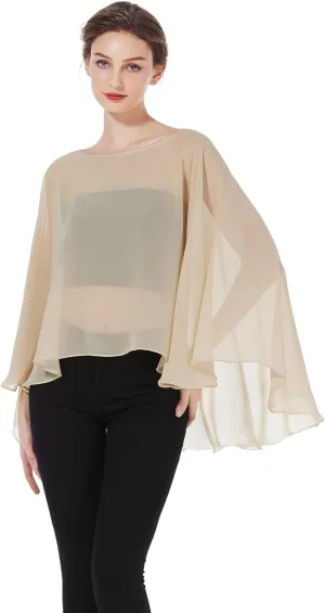 Women Poncho Cape High Low Chiffon Shawls Wraps Scarves Capelets for Evening Dress Bridal Wedding Party