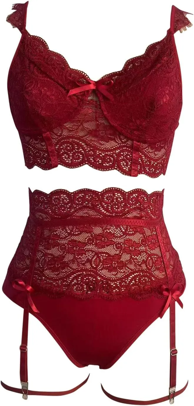 Women Sexy Sheer Floral Lace Pajamas Lingerie Set High Waist Sleepwear Bra And Panty 3 Piece Moss Maternity Robe