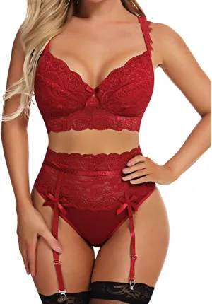Women Sexy Sheer Floral Lace Pajamas Lingerie Set High Waist Sleepwear Bra And Panty 3 Piece Moss Maternity Robe