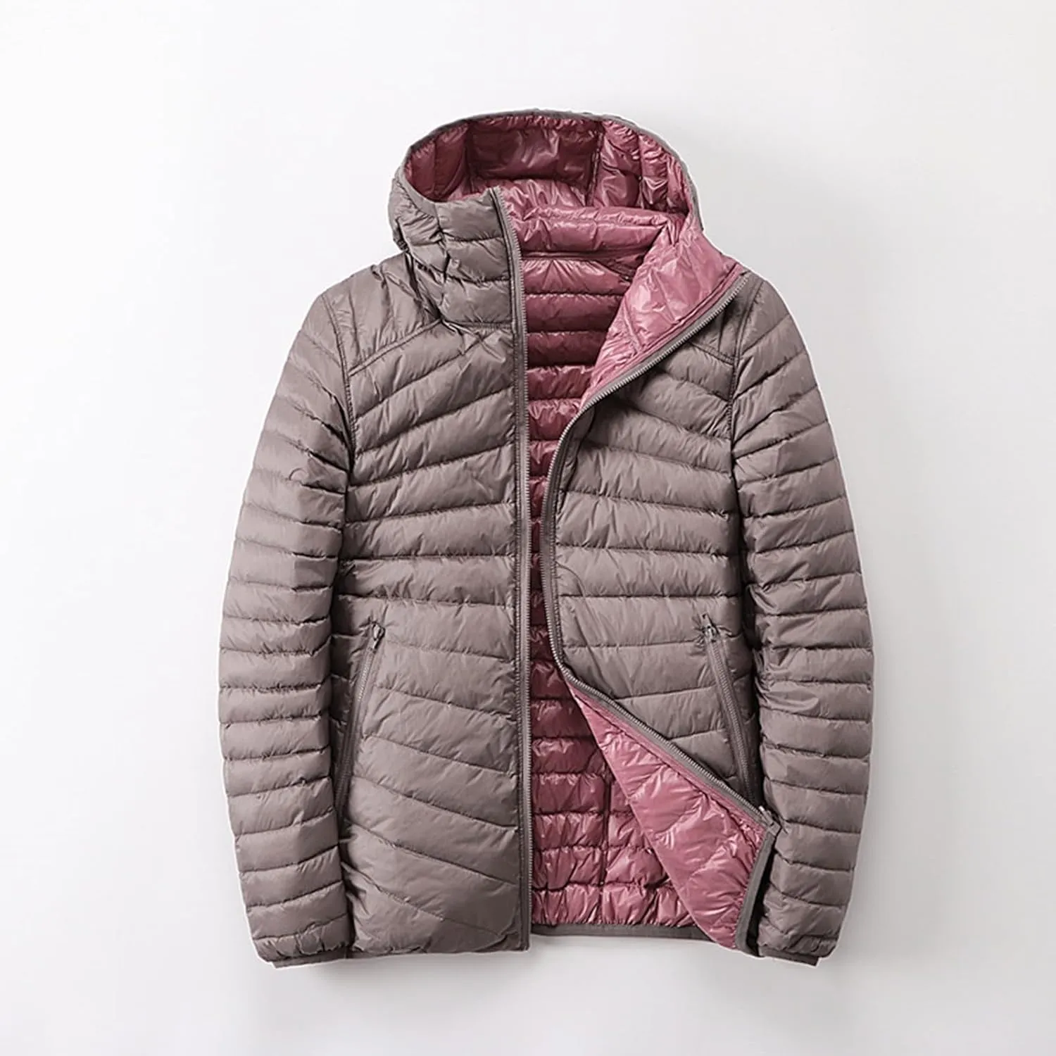 Women Short Down Jacket Lightweight Windproof Hooded Puffer Jacket Zip Quilted Long Sleeve Coat with Pocket Plus Size