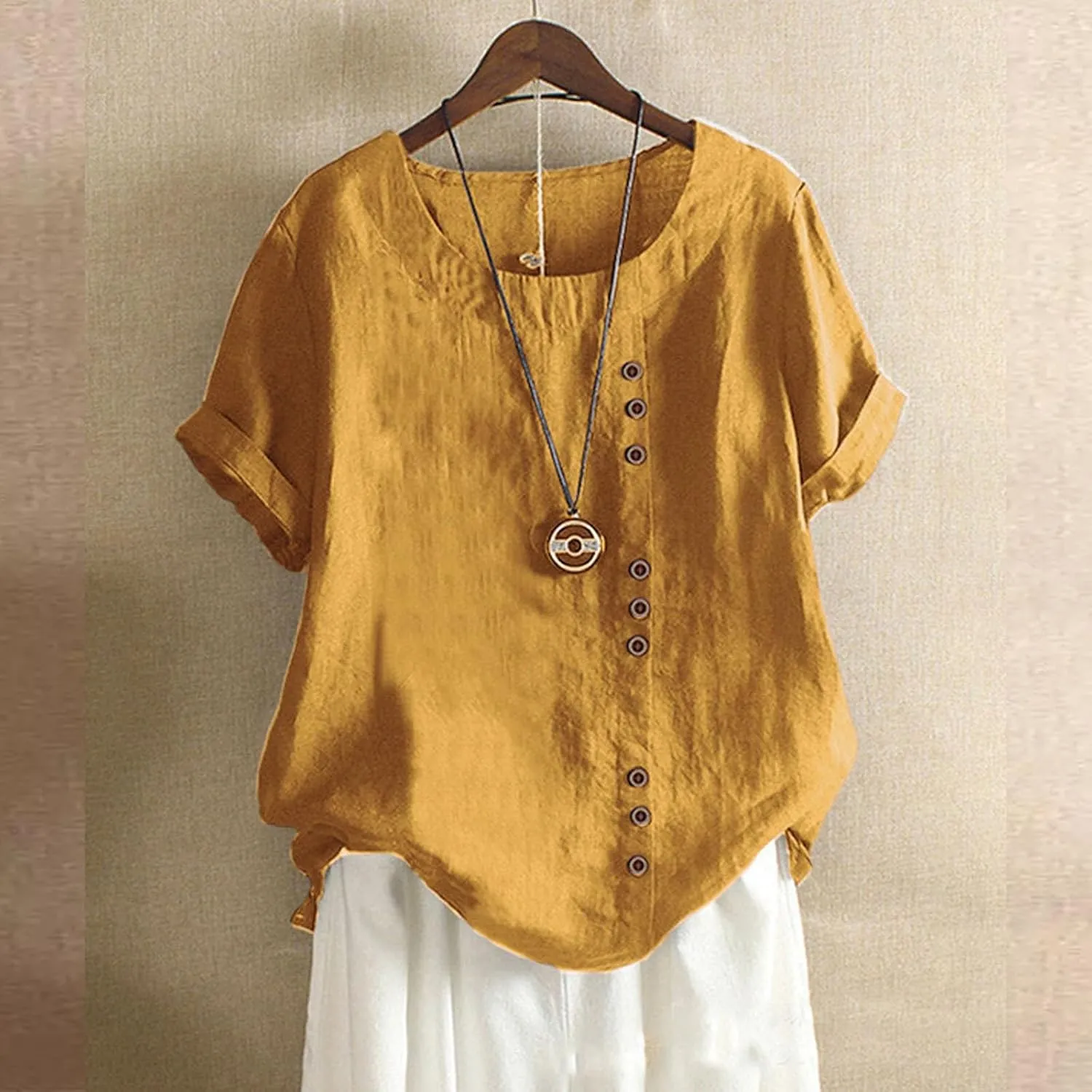 Women Short Sleeve Cotton Linen Shirt Casual Crew Neck Henley T Shirt Bohemian Embroidery Loose Summer Tops