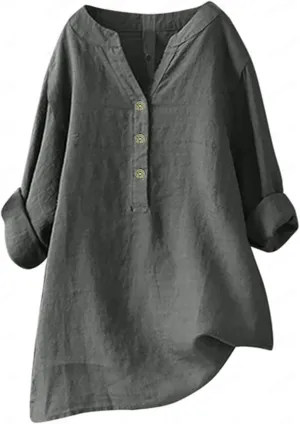 Women Short Sleeve Cotton Linen Shirt Casual Crew Neck Trendy Dressy T Shirt Buttons Loose Fit Summer Tee Top