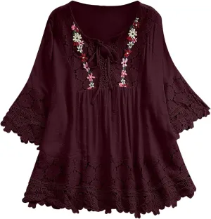 Women Short Sleeve Cotton Linen Shirt Casual V-Neck Oversized T-Shirt Floral Loose Fit Summer Tshirt