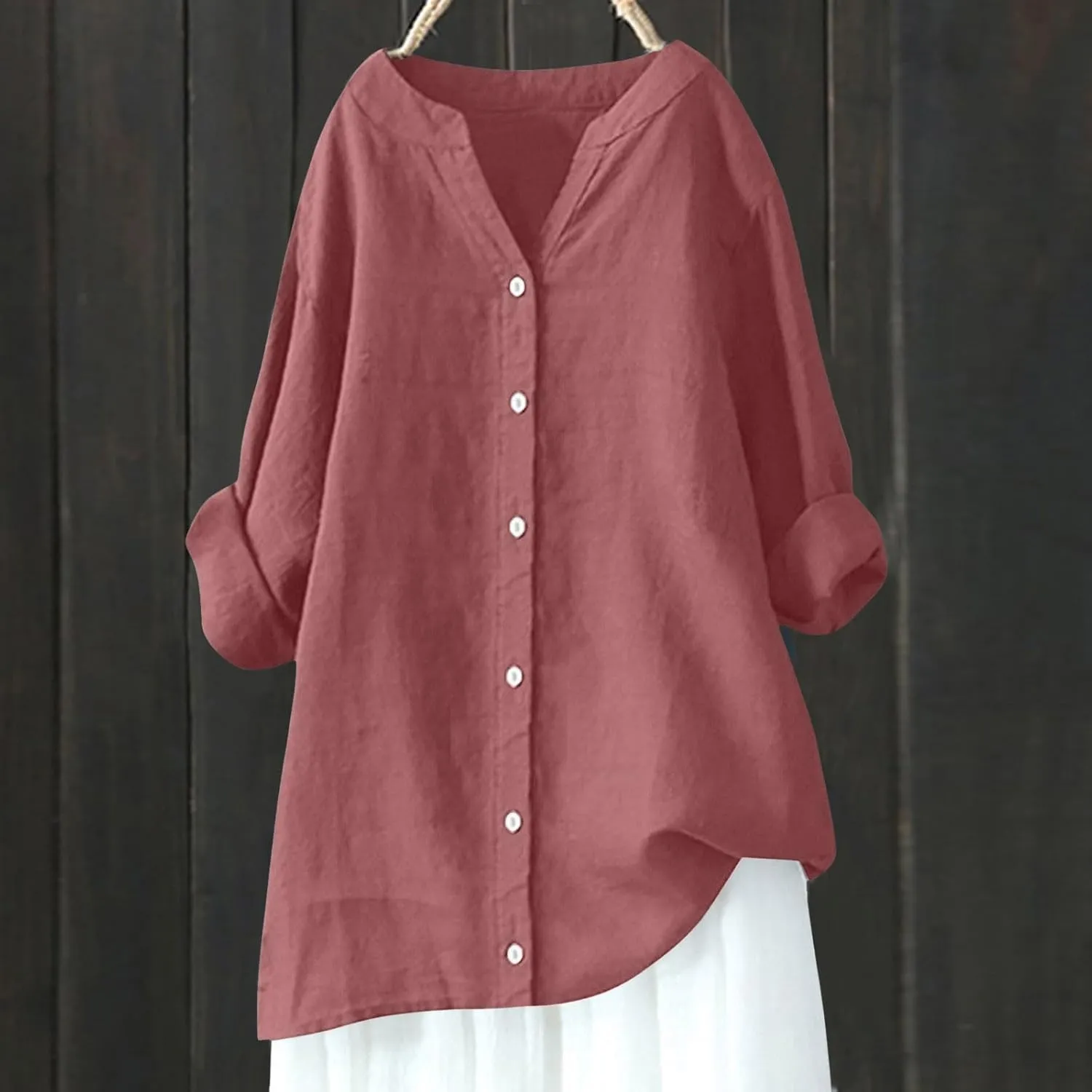 Women Short Sleeve Cotton Linen Shirt Casual V-Neck Oversized T-Shirt Floral Loose Fit Summer Tshirt
