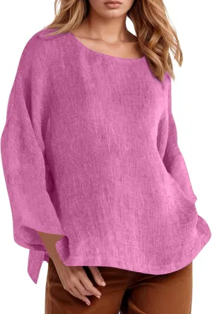 Women Short Sleeve Cotton Linen Shirts Casual Crew Neck Henley T Shirt Bohemian Boho Loose Summer Tee Tops