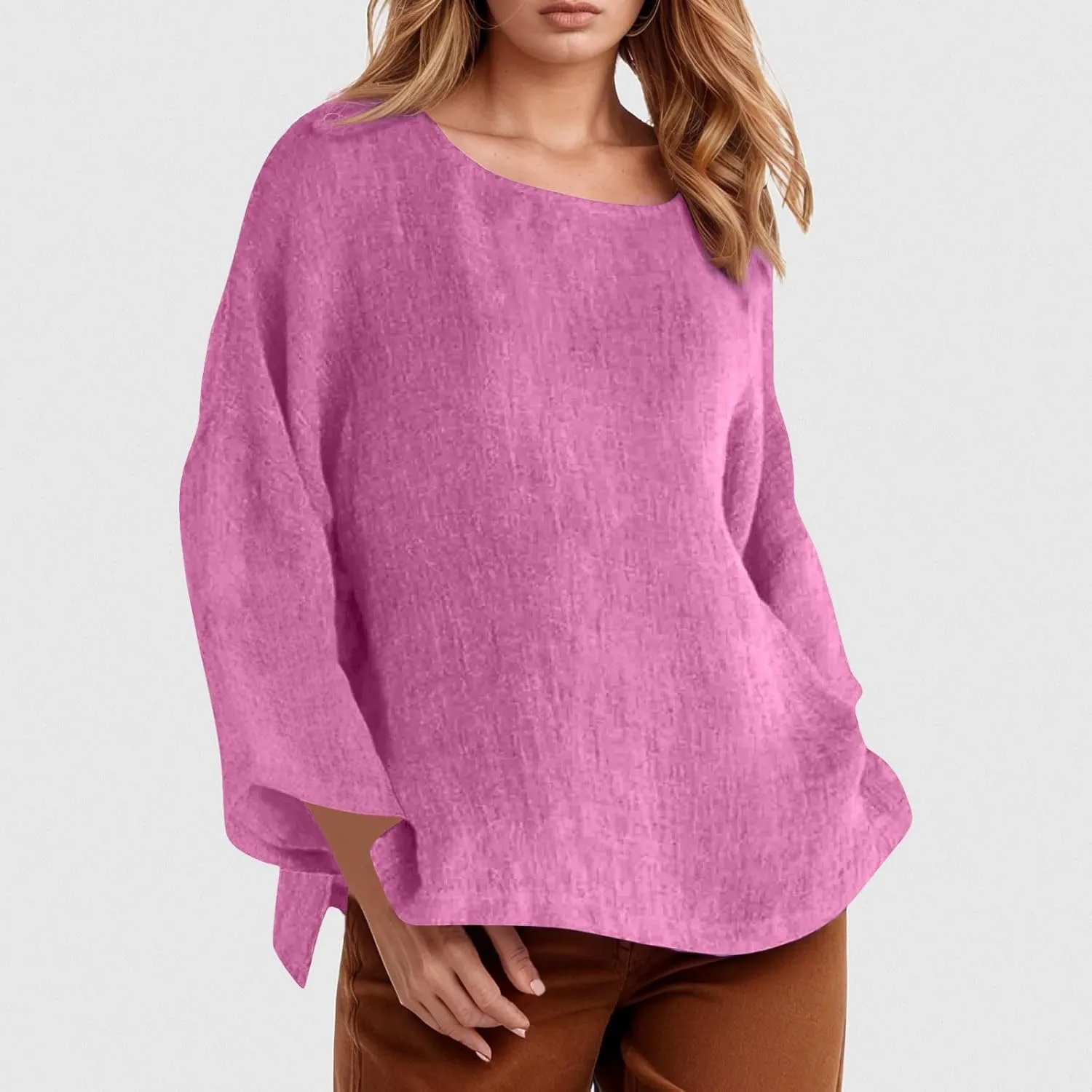 Women Short Sleeve Cotton Linen Shirts Casual Crew Neck Henley T Shirt Bohemian Boho Loose Summer Tee Tops