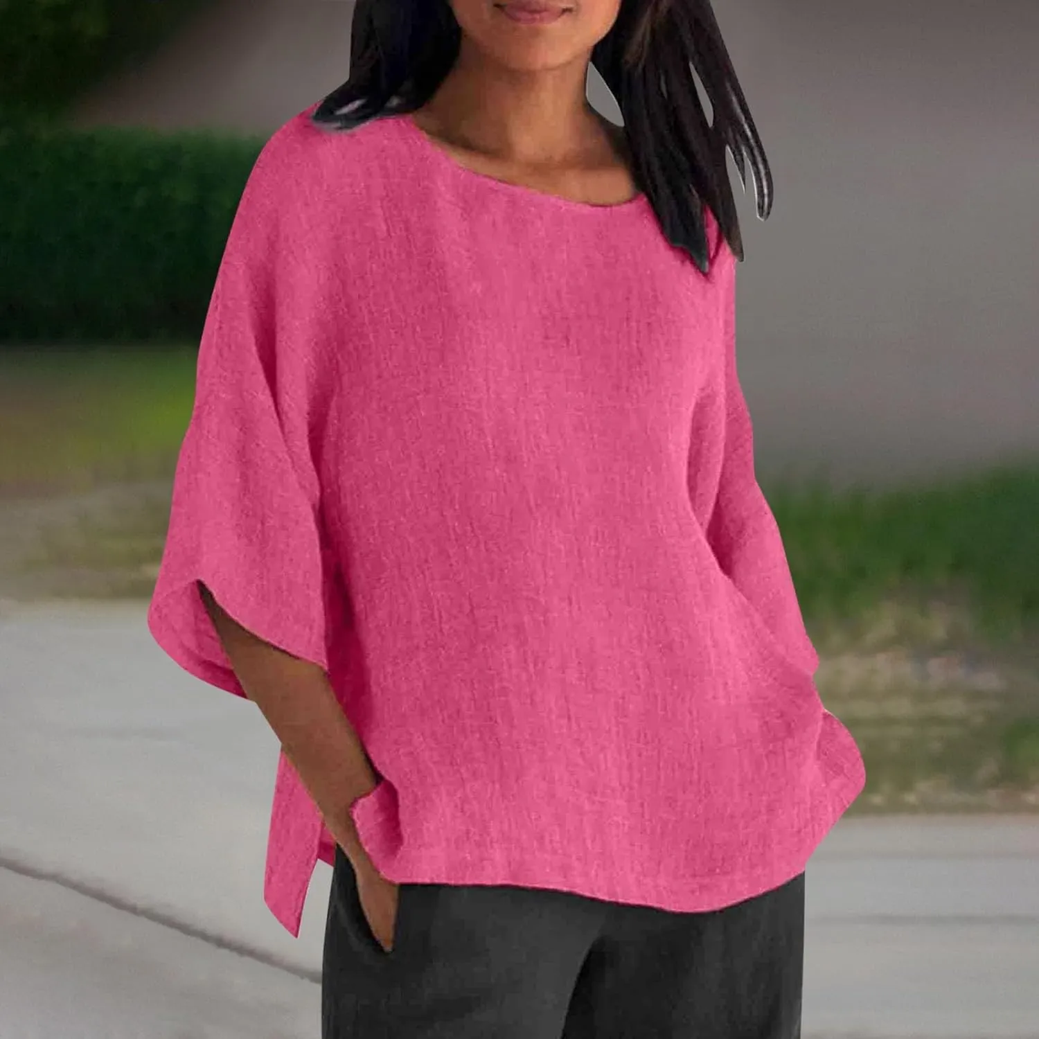 Women Short Sleeve Linen Shirts Casual Round Neck Plus Size T Shirt Bohemian Boho Loose Fit Summer Tshirts