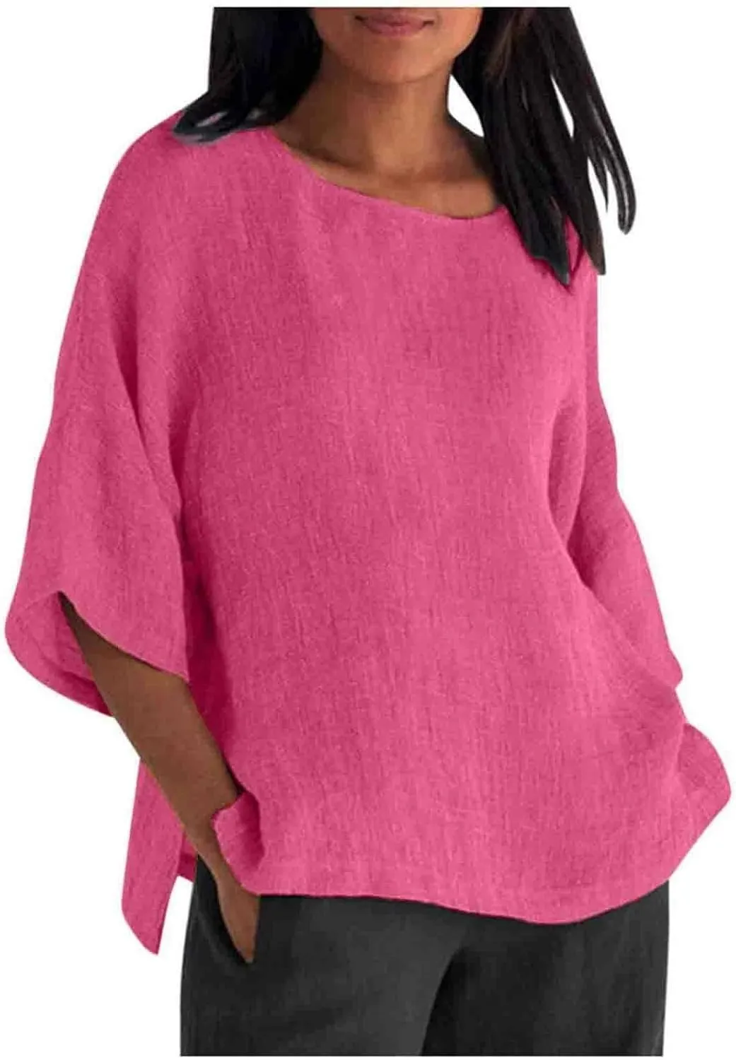 Women Short Sleeve Linen Shirts Casual Round Neck Plus Size T Shirt Bohemian Boho Loose Fit Summer Tshirts