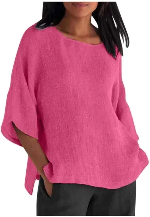 Women Short Sleeve Linen Shirts Casual Round Neck Plus Size T Shirt Bohemian Boho Loose Fit Summer Tshirts