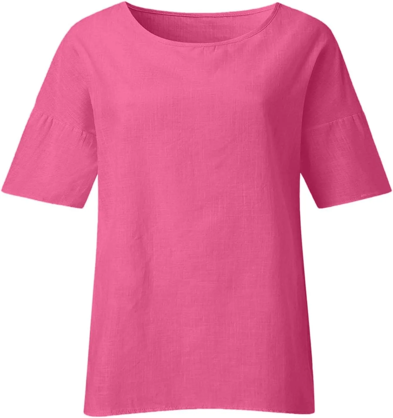 Women Short Sleeve Linen Shirts Casual Round Neck Plus Size T Shirt Bohemian Boho Loose Fit Summer Tshirts