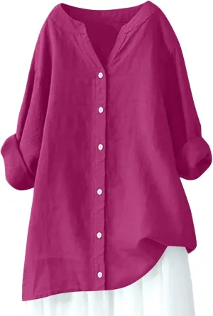 Women Short Sleeve Linen Shirts Casual V Neck Trendy Dressy T Shirt Collared Button Down Loose Summer Tshirts
