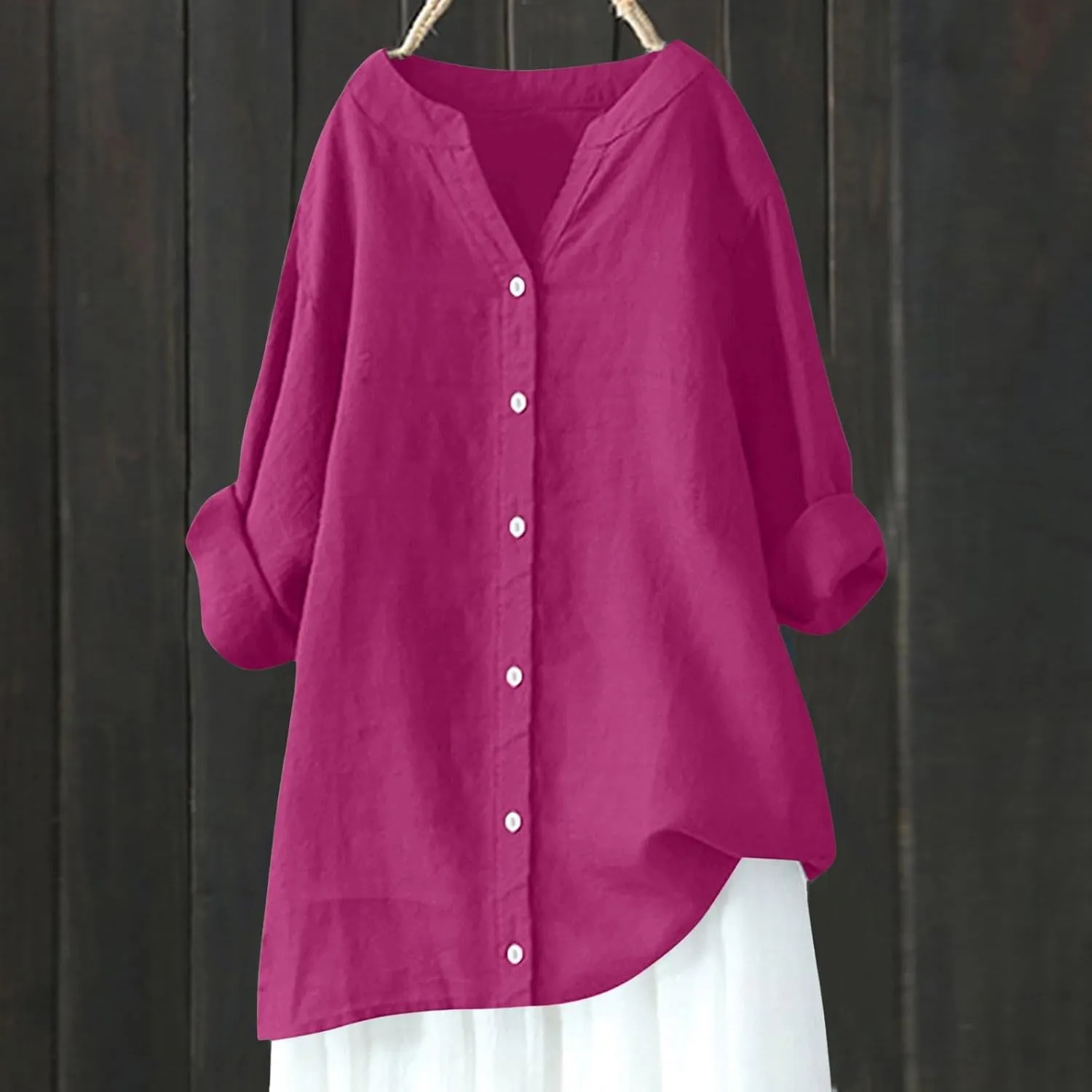 Women Short Sleeve Linen Shirts Casual V Neck Trendy Dressy T Shirt Collared Button Down Loose Summer Tshirts