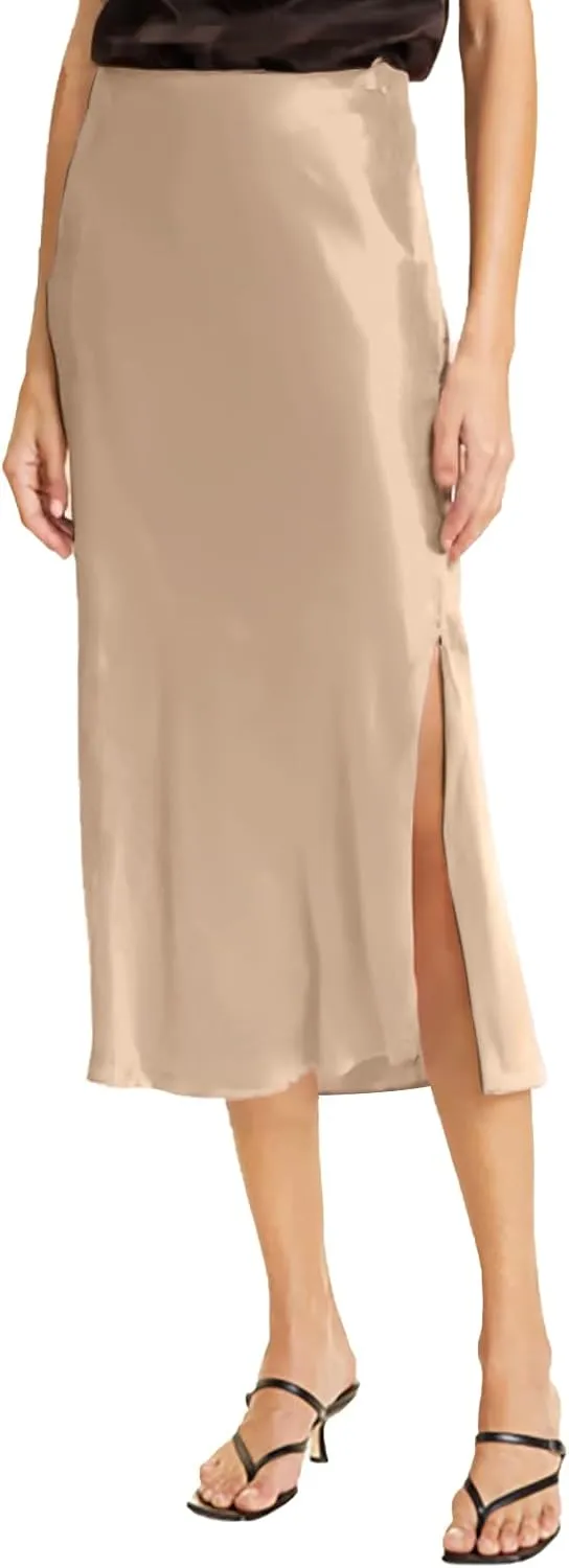 Women Solid High Waist Silky Casual Elastic Satin Midi Slit Skirt - Made in USA