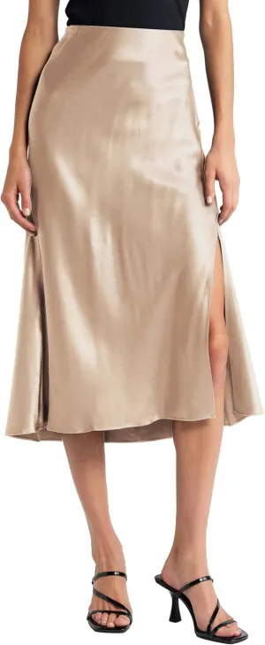 Women Solid High Waist Silky Casual Elastic Satin Midi Slit Skirt - Made in USA