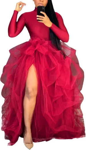 Women Tulle Long Skirt High Waist Ruffle Floor Length Dresses Wedding Guest Plus Size Dress Sexy Slit Puffy Maxi Skirts