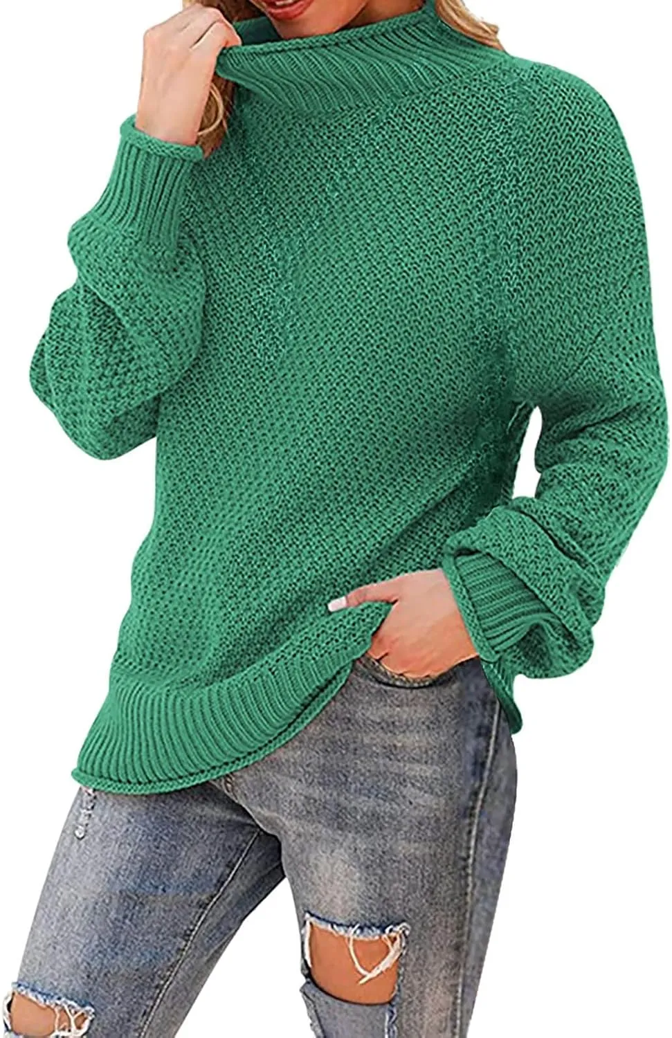 Women Turtleneck Sweater Knitted Texture Batwing Long Sleeve Oversized Casual Pullover Loose Lightweight Warm Outwear