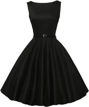Women Vintage 1950s Rockabilly Dresses Sleeveless Audrey Dress with Belt Retro Solid Evening Party Cocktail Dress