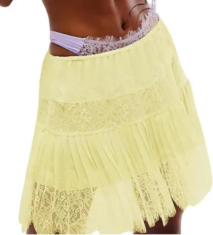 Women Y2k Lace Pleated Mini Skirt Low Rise Half Slip Lace Trim Skirt Fairy Mesh Floral Layered Flowy Short Skirts