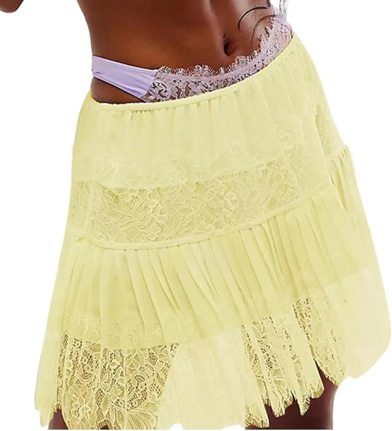 Women Y2k Lace Pleated Mini Skirt Low Rise Half Slip Lace Trim Skirt Fairy Mesh Floral Layered Flowy Short Skirts