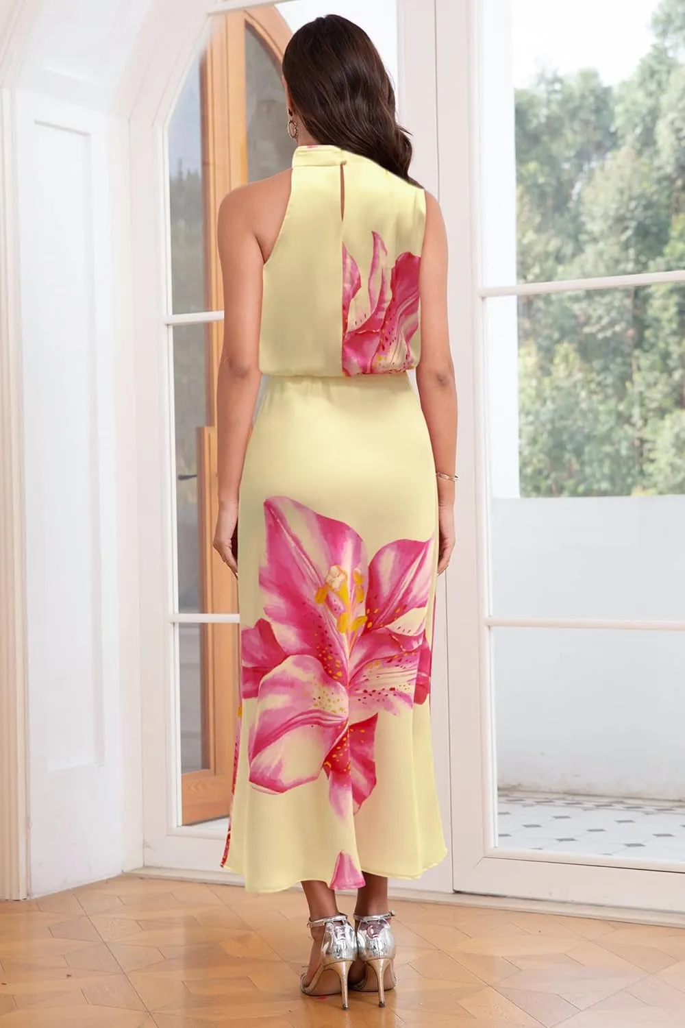 Women's 2025 Summer Satin Dress Elegant Formal Sleeveless Mock Neck Wedding Guest Cocktail Party Maxi Dresses