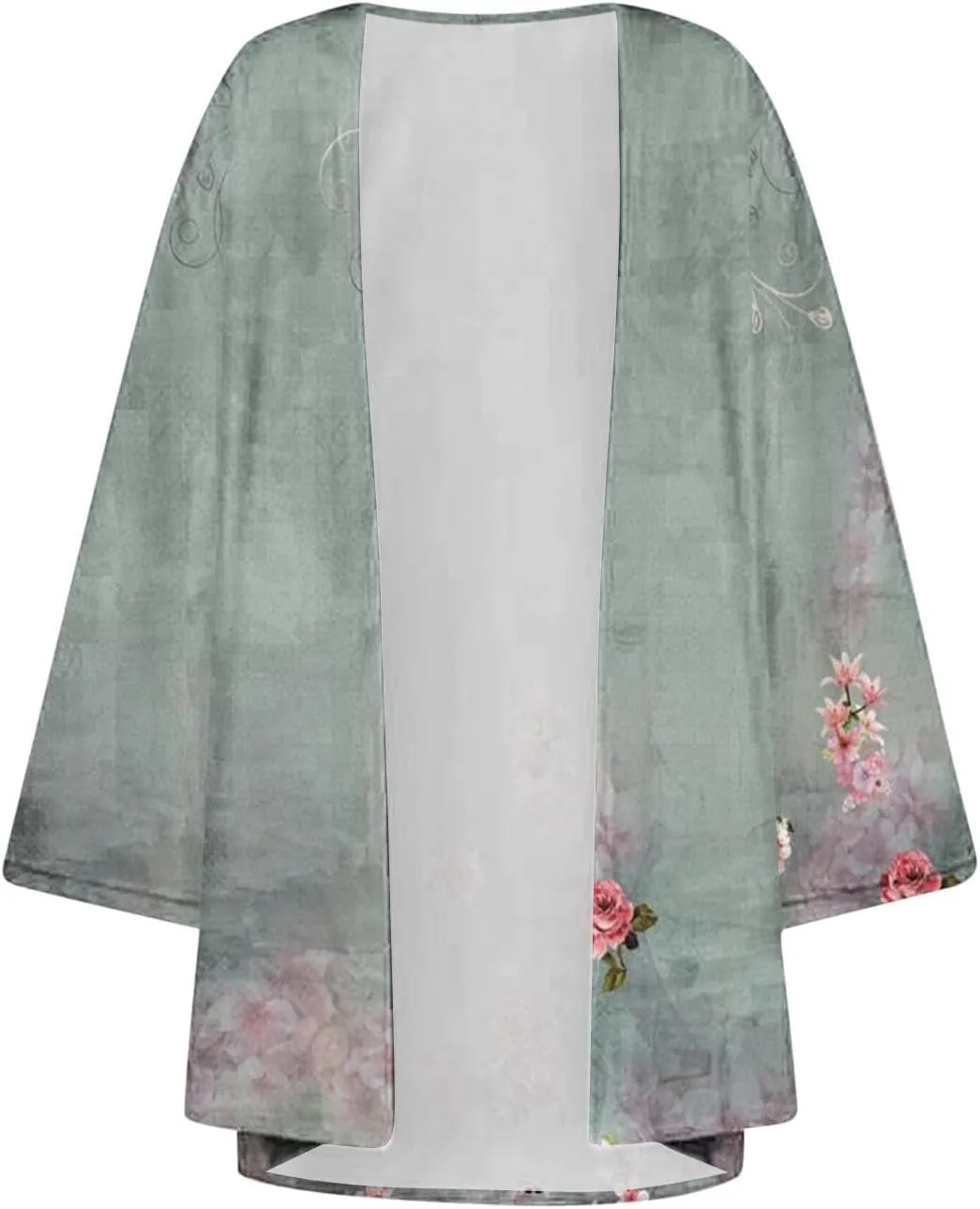 Women's Beach Kimono Coverup Women's Floral Print Kimono Cardigan Puff Sleeve Chiffon Cover Up Casual Blouse