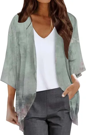 Women's Beach Kimono Coverup Women's Floral Print Kimono Cardigan Puff Sleeve Chiffon Cover Up Casual Blouse