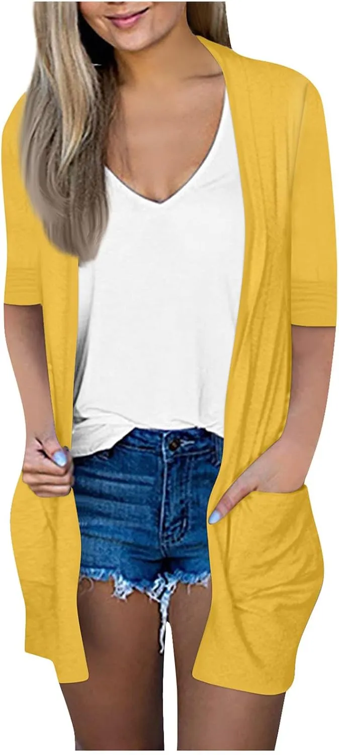 Women's Blazers & Suit Jackets, House Coats for Women with Pockets Solid 3/4 Sleeve Basic Summer Draped Cardigans