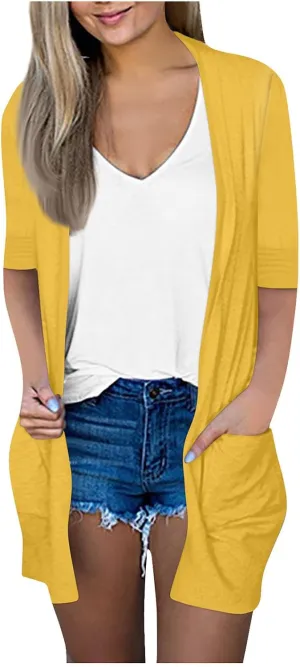 Women's Blazers & Suit Jackets, House Coats for Women with Pockets Solid 3/4 Sleeve Basic Summer Draped Cardigans