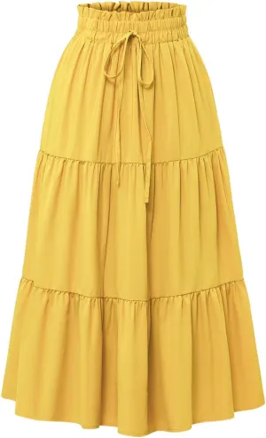 Women’s Boho Elastic High Waist Pleated A-Line Flowy Swing Tiered Maxi Long Skirt Dress with Pockets