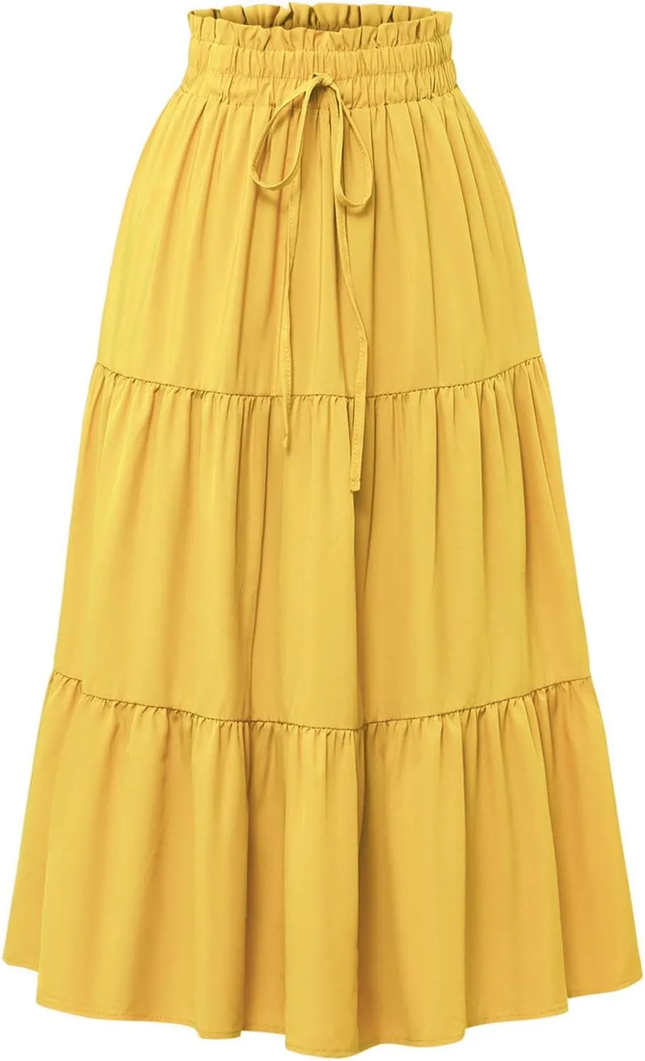 Women’s Boho Elastic High Waist Pleated A-Line Flowy Swing Tiered Maxi Long Skirt Dress with Pockets