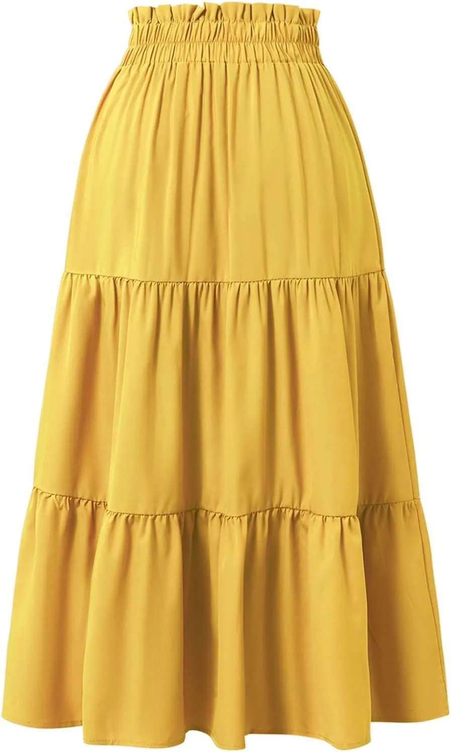 Women’s Boho Elastic High Waist Pleated A-Line Flowy Swing Tiered Maxi Long Skirt Dress with Pockets