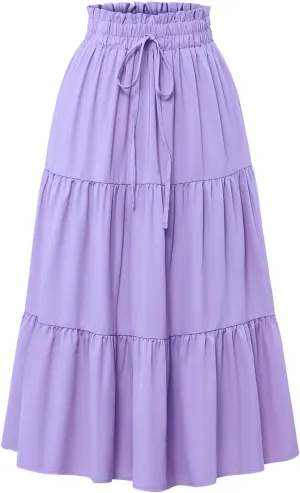 Women’s Boho Elastic High Waist Pleated A-Line Flowy Swing Tiered Maxi Long Skirt Dress with Pockets