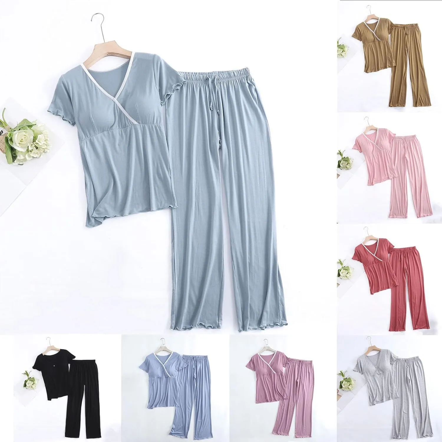 Women's Built in Bra Maternity Pajamas Soft Nursing Postpartum Lounge Sets for Breastfeeding Sleepwear Pregnancy 2 Piece Pjs