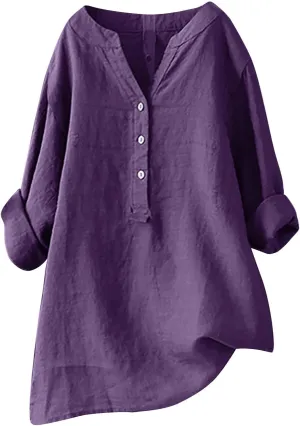 Women's Button Down Shirt V Neck Long Sleeve Cotton Linen Summer Casual Plus Size Blouses Top Loose Fit Tunics