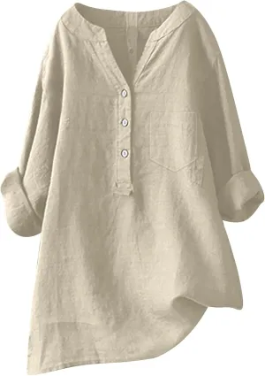 Womens Button Shirts Linen Roll Up Cuffed Sleeve V Neck Soft Shirts Casual Loose Plain Solid Blouses Tops