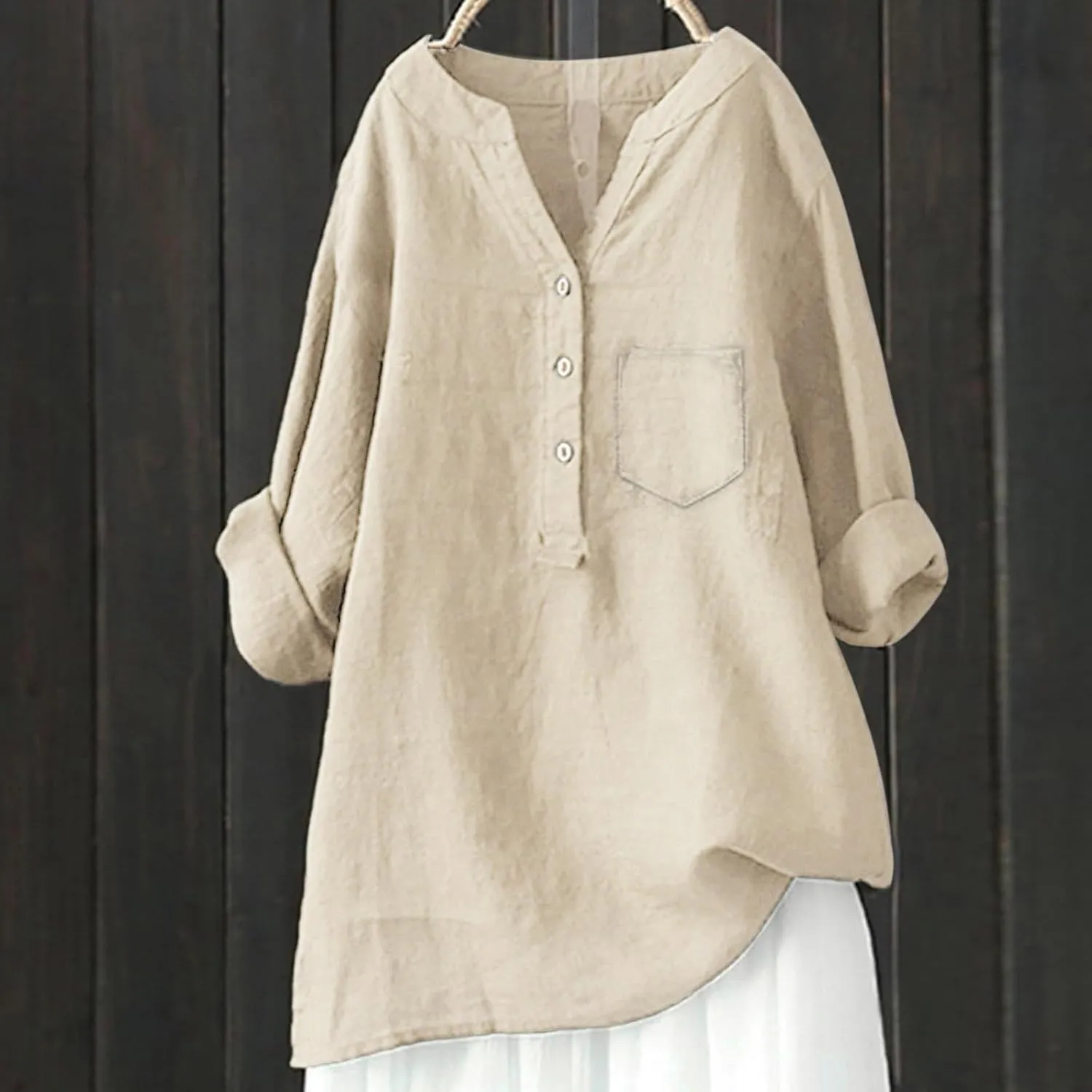 Womens Button Shirts Linen Roll Up Cuffed Sleeve V Neck Soft Shirts Casual Loose Plain Solid Blouses Tops