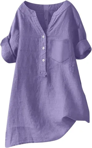 Womens Button Up Shirts Solid Short Sleeve Cotton Linen Summer Casual Business Blouse Tops Loose Fit Tshirt