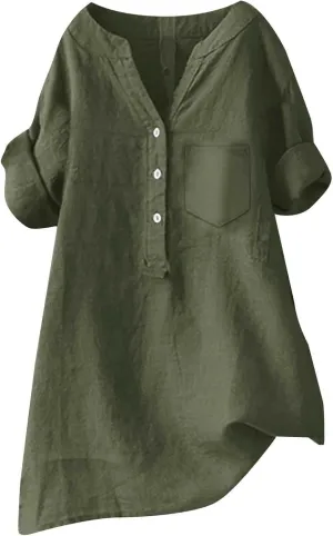 Womens Button Up Shirts Solid Short Sleeve Cotton Linen Summer Casual Business Blouse Tops Loose Fit Tshirt