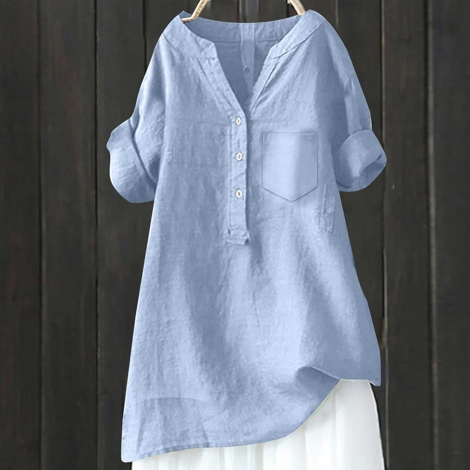 Womens Collared Button Down Shirts Solid Long Sleeve Linen Summer Casual Dress Blouse Top Loose Fit Tee Tops