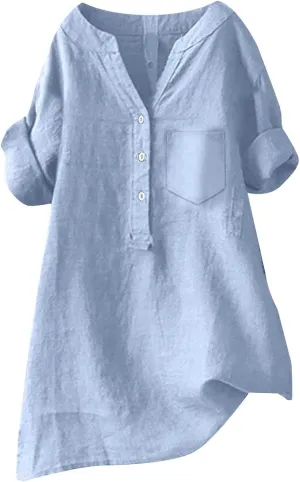 Womens Collared Button Down Shirts Solid Long Sleeve Linen Summer Casual Dress Blouse Top Loose Fit Tee Tops