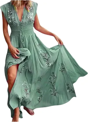 Women's Dresses Trendy V Neck Floral Print Boho Maxi Dress Elastic Waist Tassels Sleeveless Beach Flowing Slit Dress
