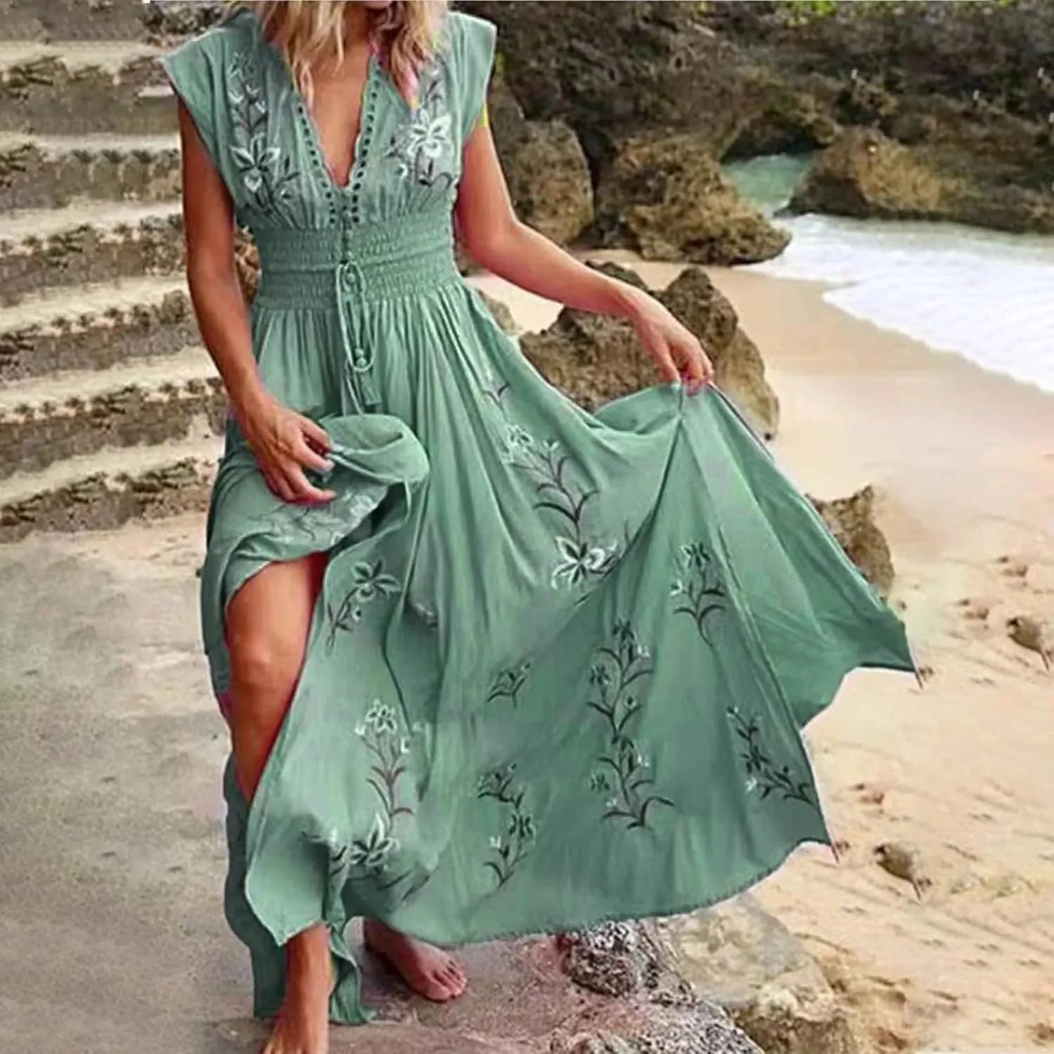 Women's Dresses Trendy V Neck Floral Print Boho Maxi Dress Elastic Waist Tassels Sleeveless Beach Flowing Slit Dress