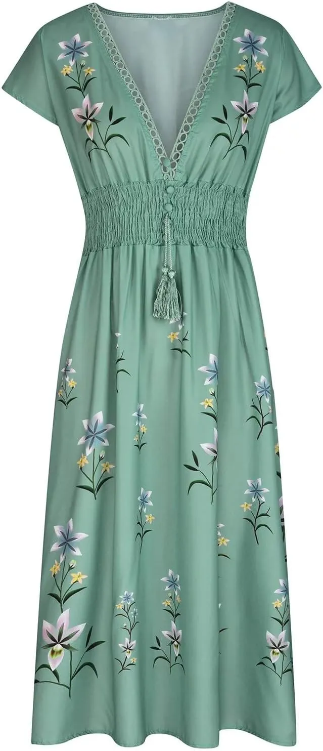 Women's Dresses Trendy V Neck Floral Print Boho Maxi Dress Elastic Waist Tassels Sleeveless Beach Flowing Slit Dress