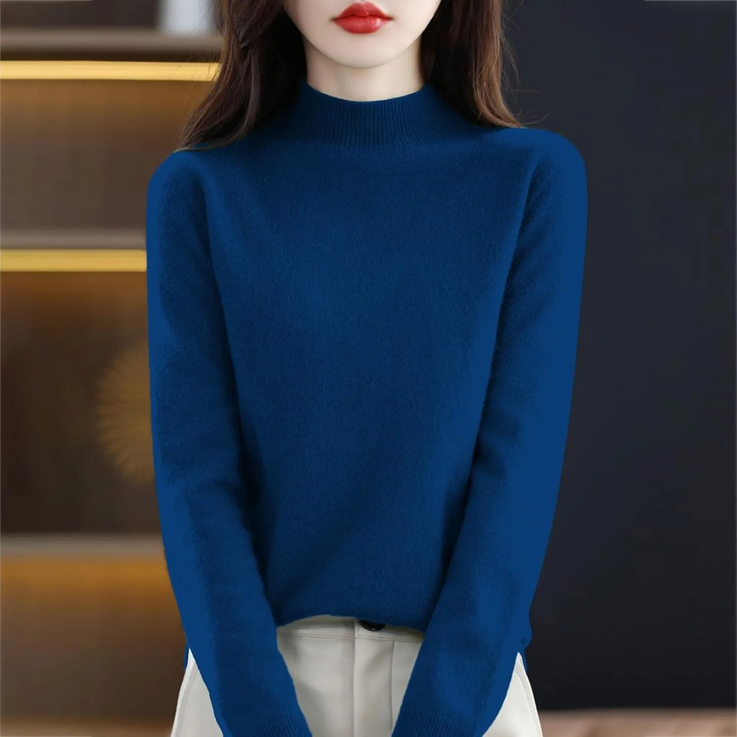 Womens Fleece Pullover Half Turtleneck Solid Color Basic Casual Sweater Tops Fashion Soft Knitted Long Sleeve Sweater